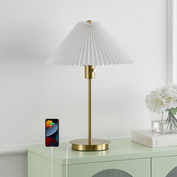 Freida 21.25" Modern Glam Metal Column LED Table Lamp with USB Charging Port and Pleated Shade - JONATHAN Y